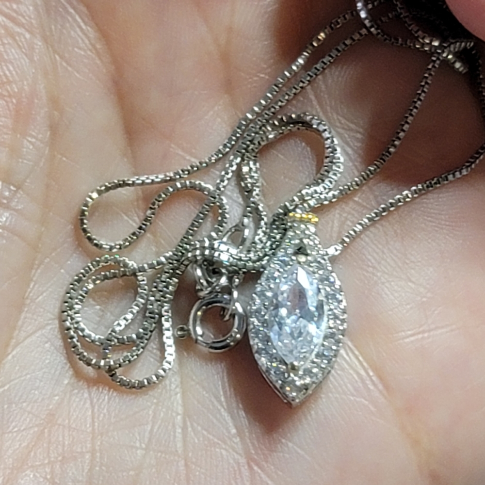 SOLD. 925 Brilliant Crystal CZ Halo Pendant Signed SGE and 925 Silky Box Chain